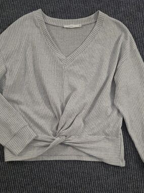 Lush Light Gray Ribbed V-Neck Knot Front Sweater